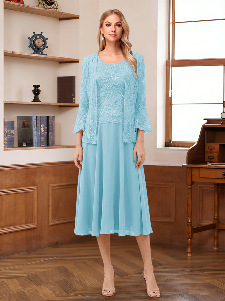 A-Line/Princess Scoop Sleeveless Tea-Length Mother of the Bride Dresses with Lace &amp; Jacket