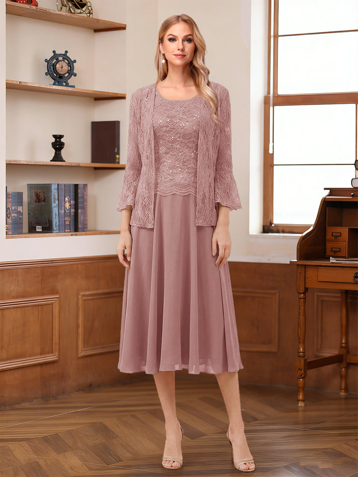 A-Line/Princess Scoop Sleeveless Tea-Length Mother of the Bride Dresses with Lace &amp; Jacket