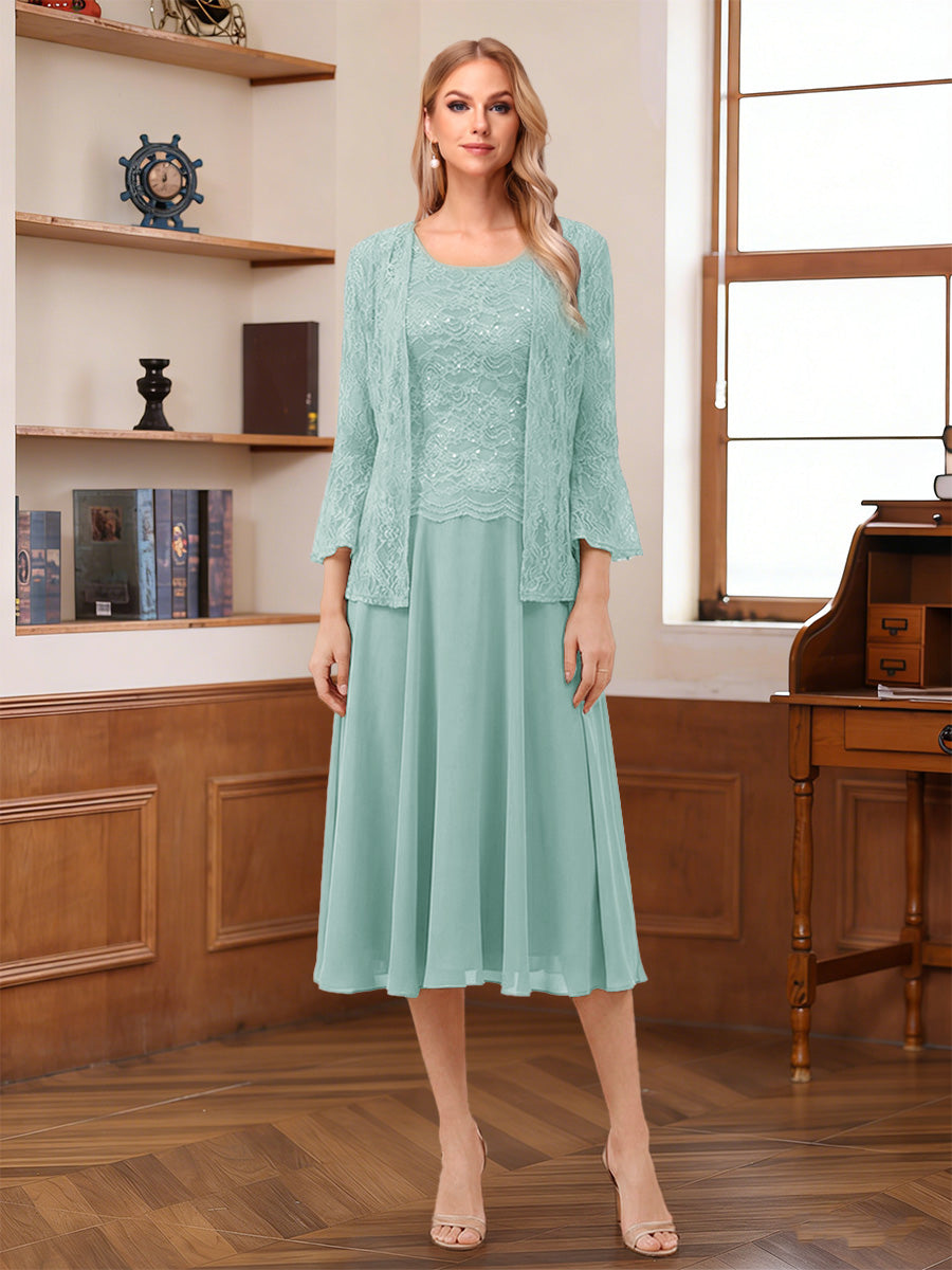 A-Line/Princess Scoop Sleeveless Tea-Length Mother of the Bride Dresses with Lace &amp; Jacket