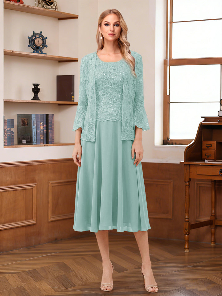 A-Line/Princess Scoop Sleeveless Tea-Length Mother of the Bride Dresses with Lace &amp; Jacket