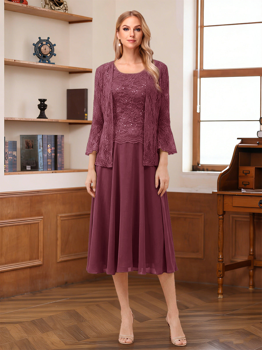 A-Line/Princess Scoop Sleeveless Tea-Length Mother of the Bride Dresses with Lace &amp; Jacket