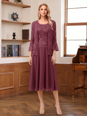 A-Line/Princess Scoop Sleeveless Tea-Length Mother of the Bride Dresses with Lace & Jacket