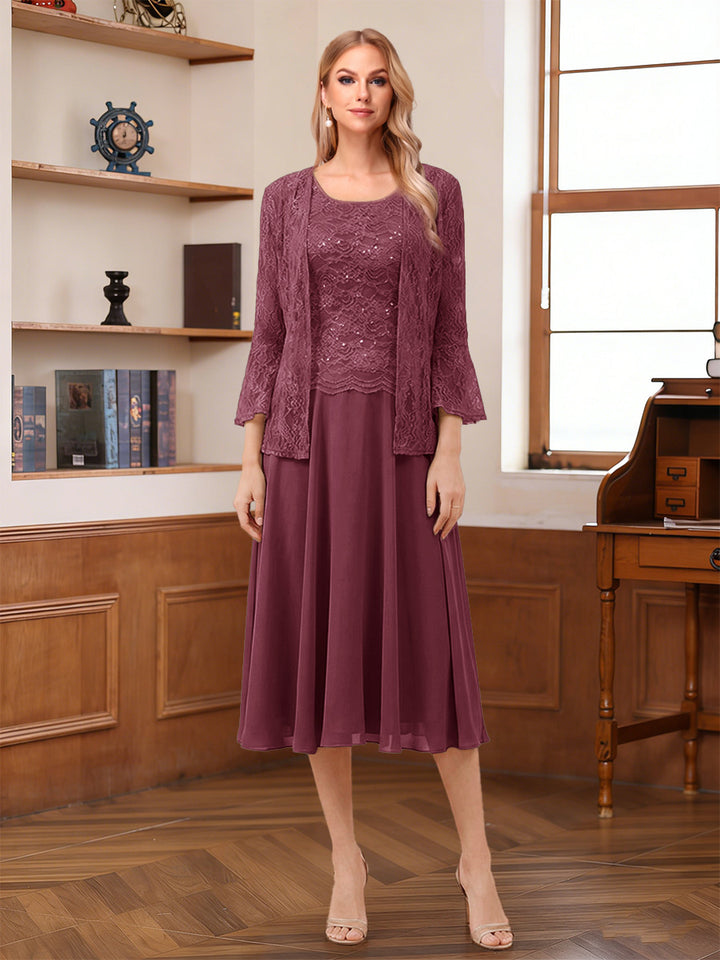 A-Line/Princess Scoop Sleeveless Tea-Length Mother of the Bride Dresses with Lace &amp; Jacket
