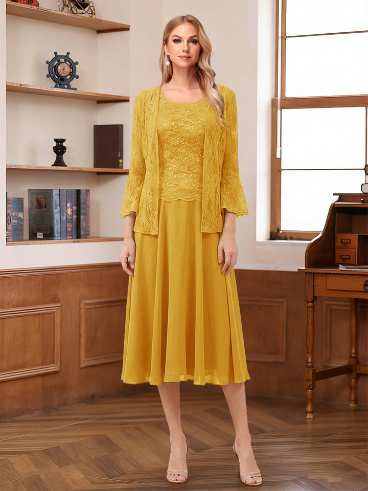 A-Line/Princess Scoop Sleeveless Tea-Length Mother of the Bride Dresses with Lace &amp; Jacket
