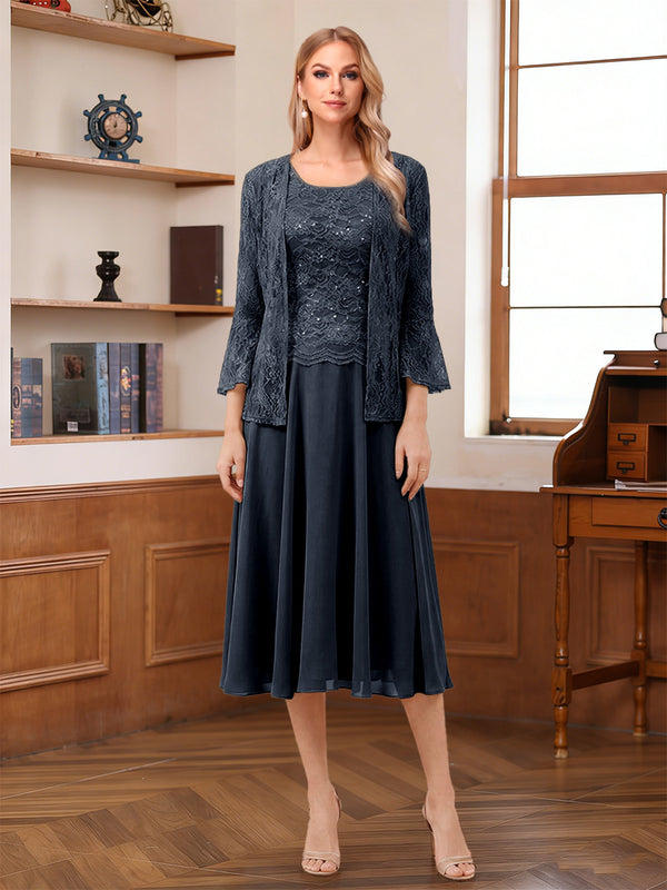 A-Line/Princess Scoop Sleeveless Tea-Length Mother of the Bride Dresses with Lace & Jacket