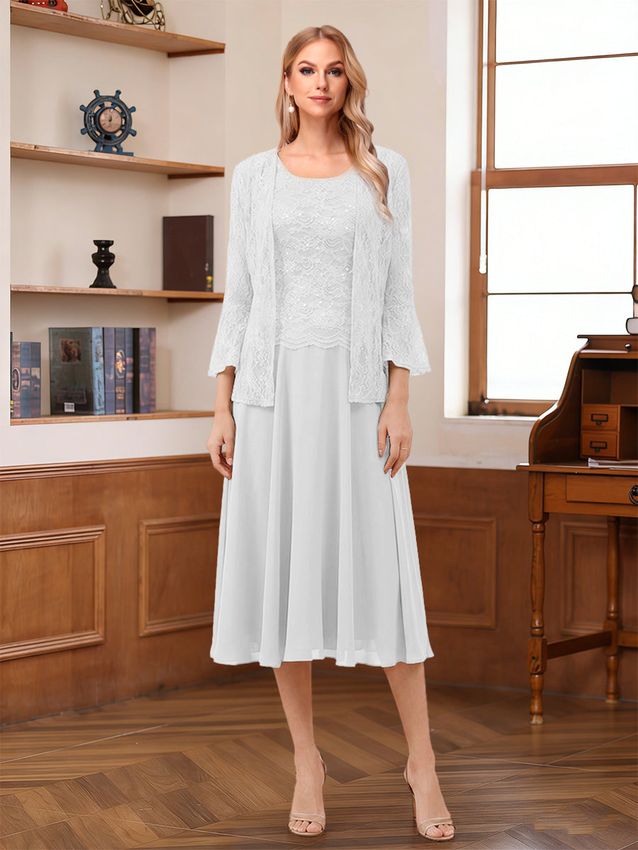 A-Line/Princess Scoop Sleeveless Tea-Length Mother of the Bride Dresses with Lace &amp; Jacket