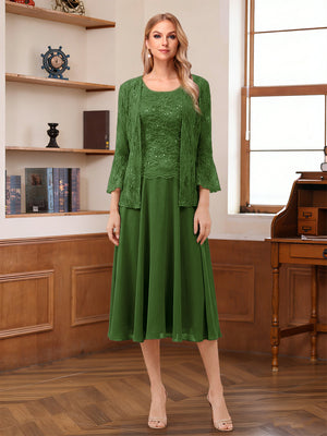 A-Line/Princess Scoop Sleeveless Tea-Length Mother of the Bride Dresses with Lace & Jacket
