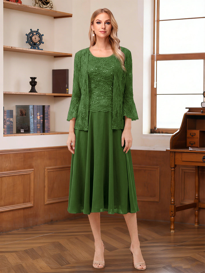 A-Line/Princess Scoop Sleeveless Tea-Length Mother of the Bride Dresses with Lace &amp; Jacket