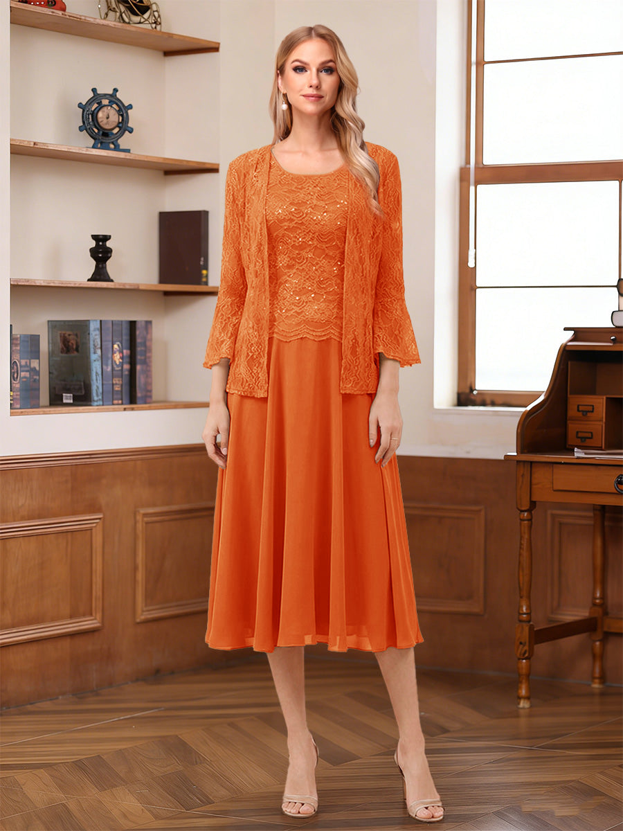 A-Line/Princess Scoop Sleeveless Tea-Length Mother of the Bride Dresses with Lace &amp; Jacket