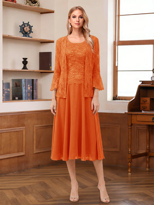A-Line/Princess Scoop Sleeveless Tea-Length Mother of the Bride Dresses with Lace & Jacket
