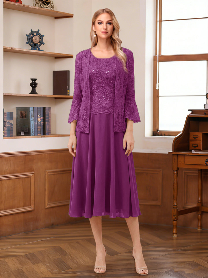 A-Line/Princess Scoop Sleeveless Tea-Length Mother of the Bride Dresses with Lace &amp; Jacket