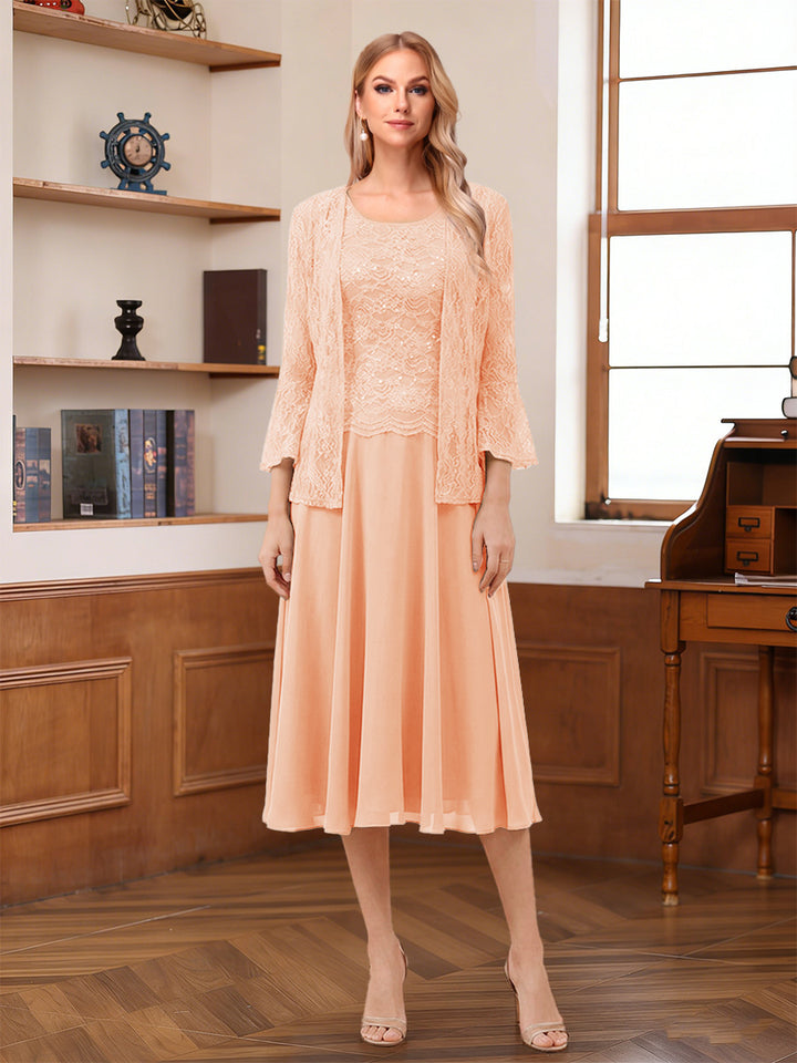 A-Line/Princess Scoop Sleeveless Tea-Length Mother of the Bride Dresses with Lace &amp; Jacket
