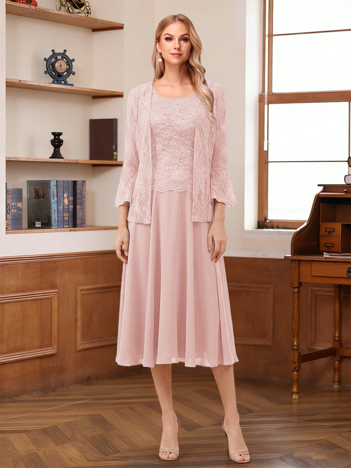 A-Line/Princess Scoop Sleeveless Tea-Length Mother of the Bride Dresses with Lace &amp; Jacket