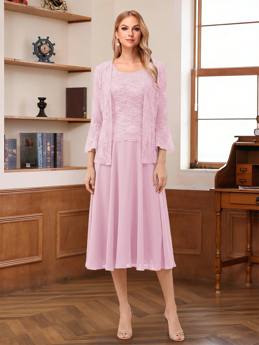 A-Line/Princess Scoop Sleeveless Tea-Length Mother of the Bride Dresses with Lace &amp; Jacket