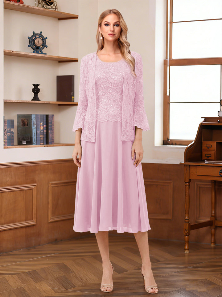 A-Line/Princess Scoop Sleeveless Tea-Length Mother of the Bride Dresses with Lace &amp; Jacket