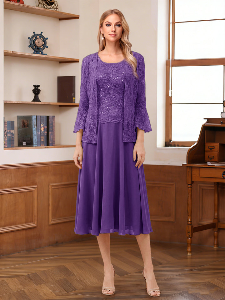 A-Line/Princess Scoop Sleeveless Tea-Length Mother of the Bride Dresses with Lace &amp; Jacket