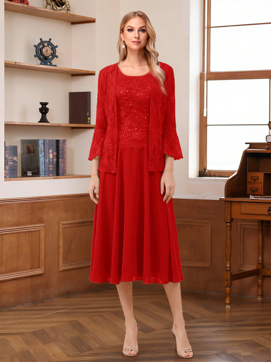 A-Line/Princess Scoop Sleeveless Tea-Length Mother of the Bride Dresses with Lace &amp; Jacket