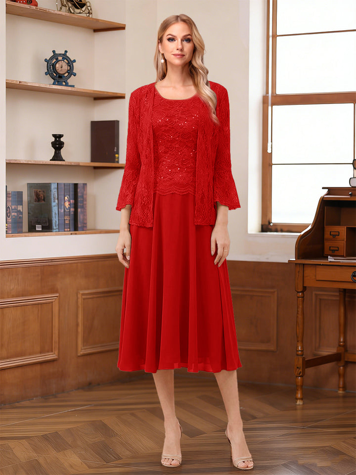 A-Line/Princess Scoop Sleeveless Tea-Length Mother of the Bride Dresses with Lace &amp; Jacket
