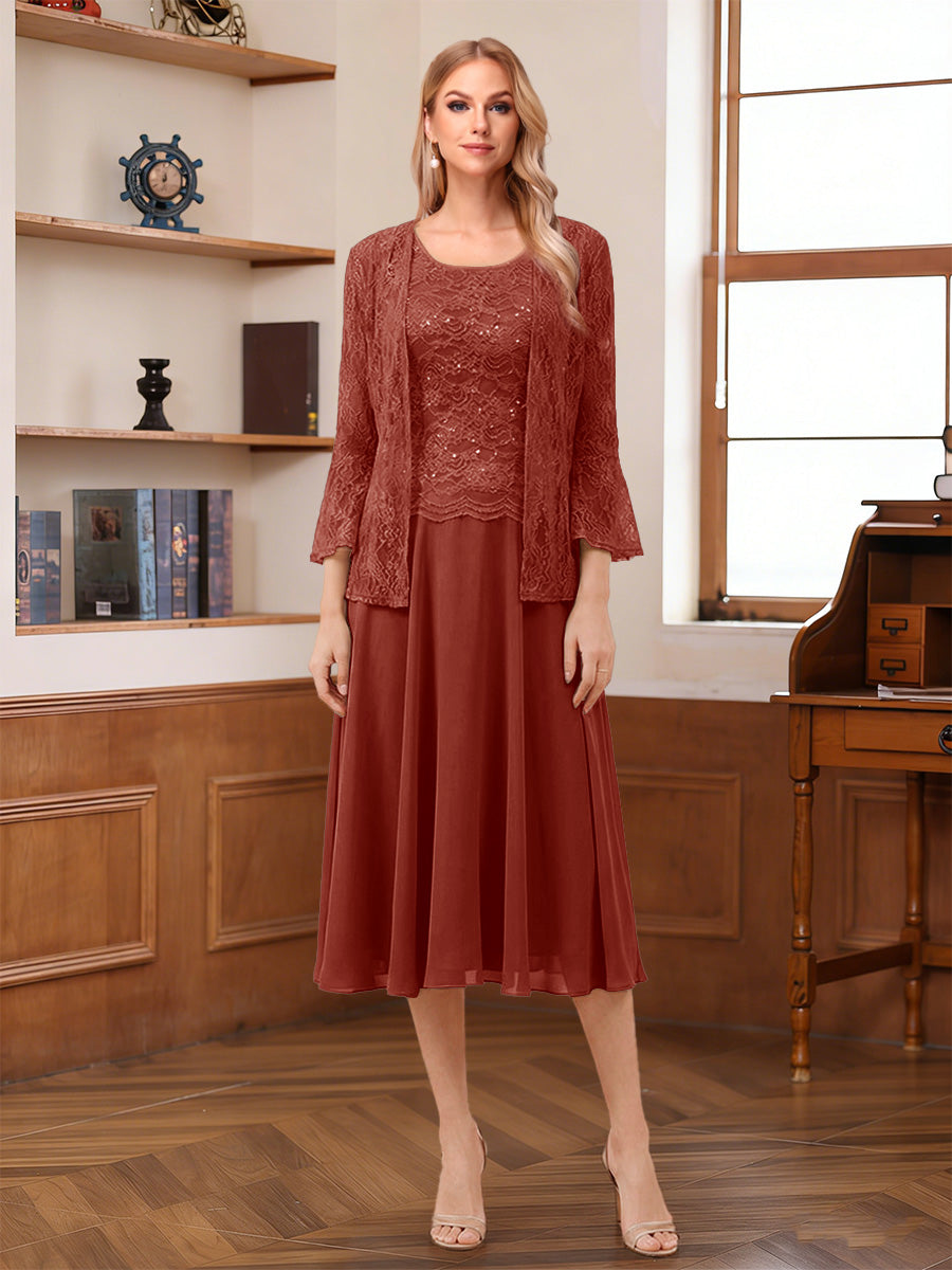A-Line/Princess Scoop Sleeveless Tea-Length Mother of the Bride Dresses with Lace &amp; Jacket