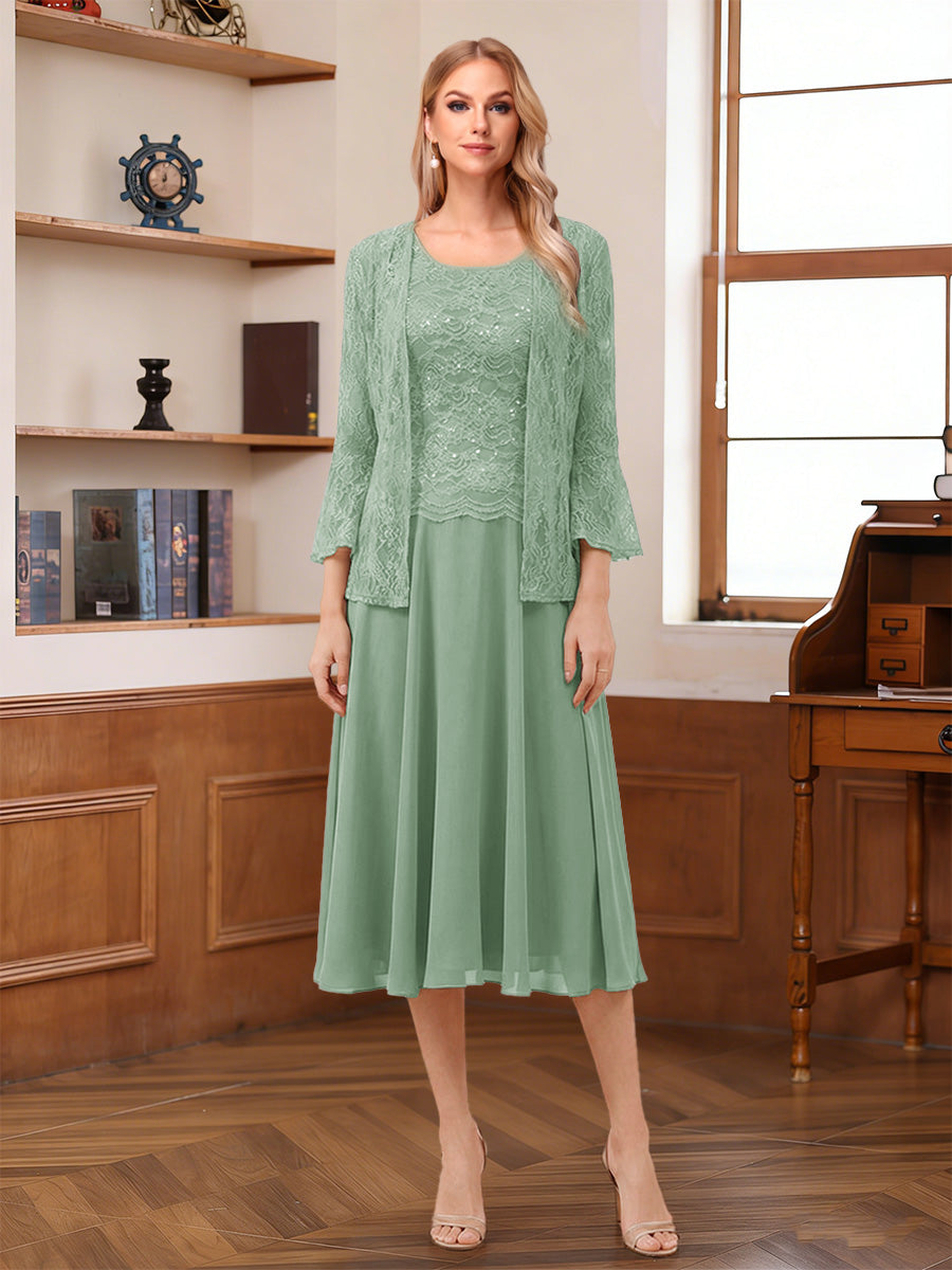 A-Line/Princess Scoop Sleeveless Tea-Length Mother of the Bride Dresses with Lace &amp; Jacket