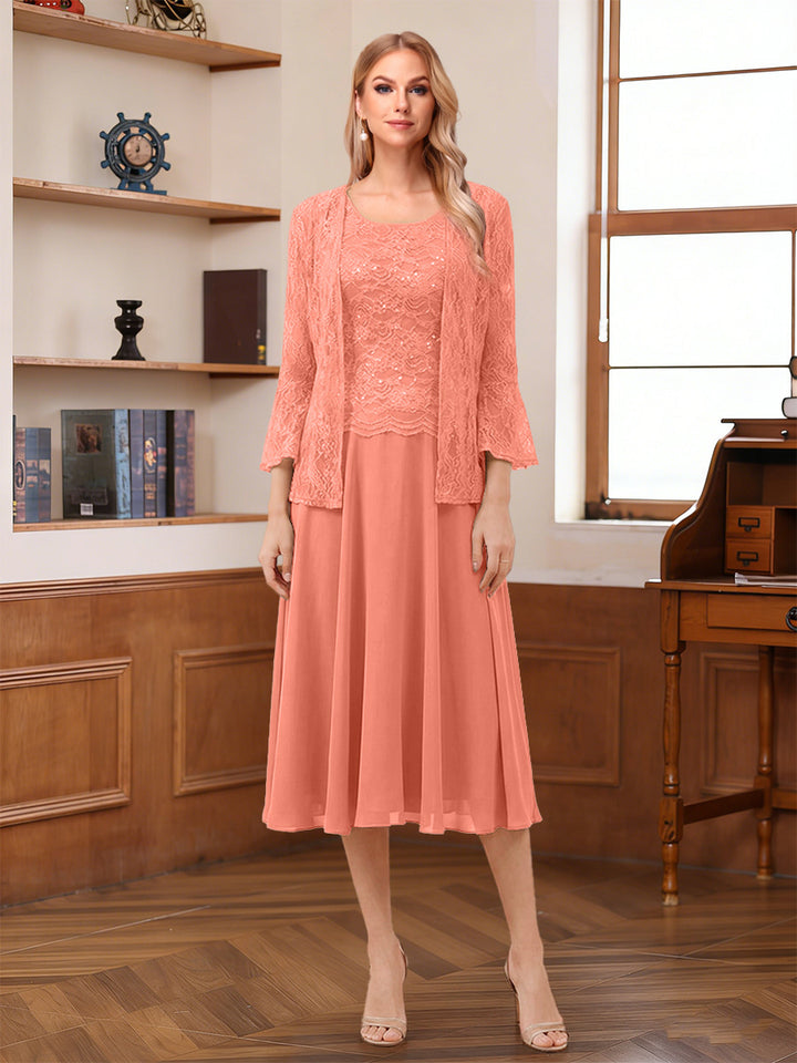 A-Line/Princess Scoop Sleeveless Tea-Length Mother of the Bride Dresses with Lace &amp; Jacket