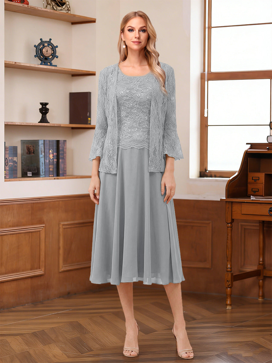 A-Line/Princess Scoop Sleeveless Tea-Length Mother of the Bride Dresses with Lace &amp; Jacket