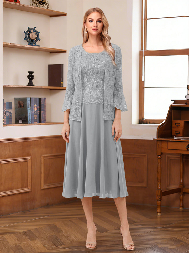 A-Line/Princess Scoop Sleeveless Tea-Length Mother of the Bride Dresses with Lace &amp; Jacket