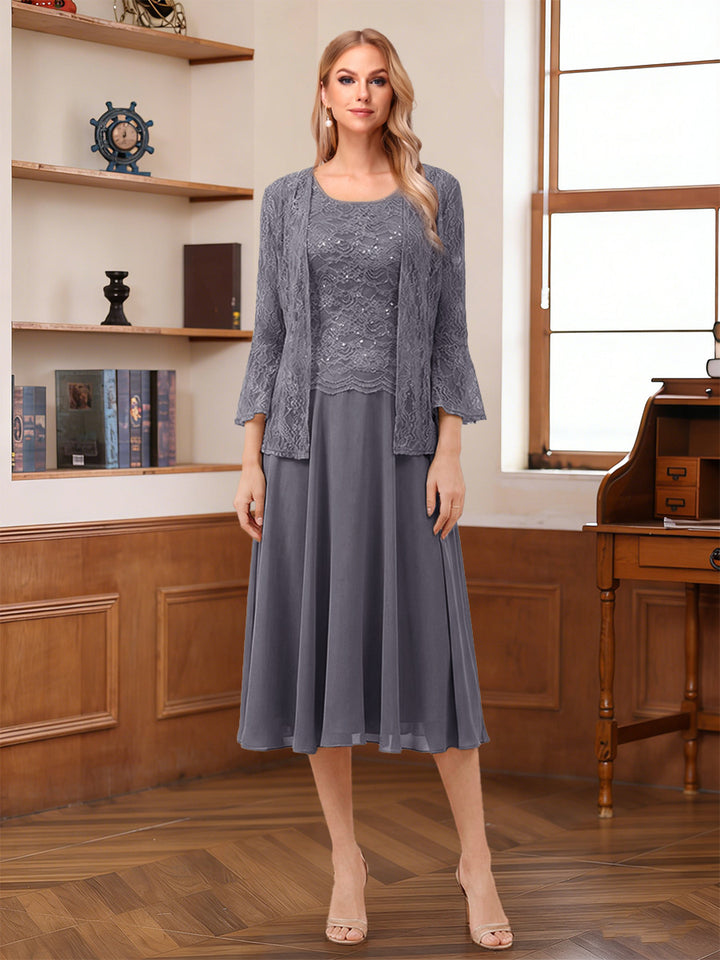 A-Line/Princess Scoop Sleeveless Tea-Length Mother of the Bride Dresses with Lace &amp; Jacket