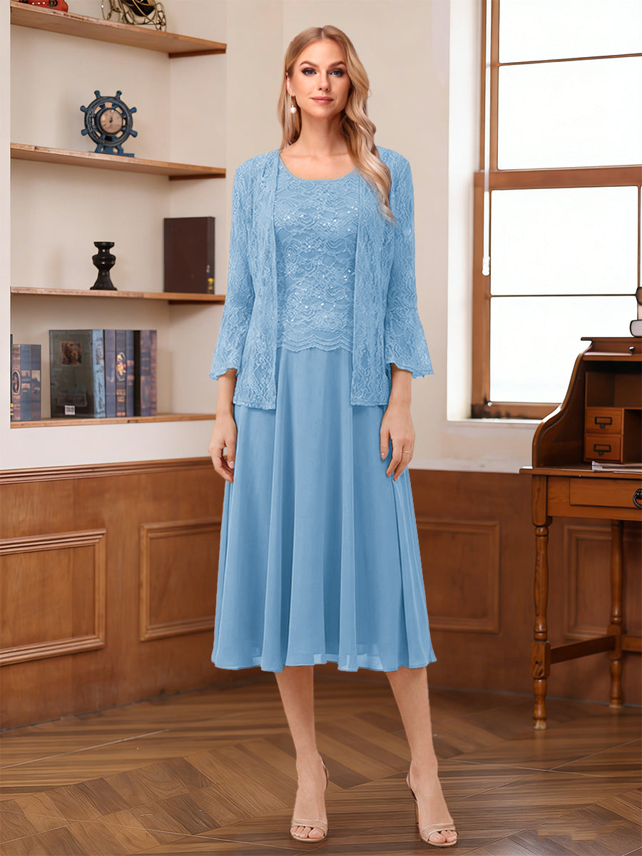 A-Line/Princess Scoop Sleeveless Tea-Length Mother of the Bride Dresses with Lace &amp; Jacket
