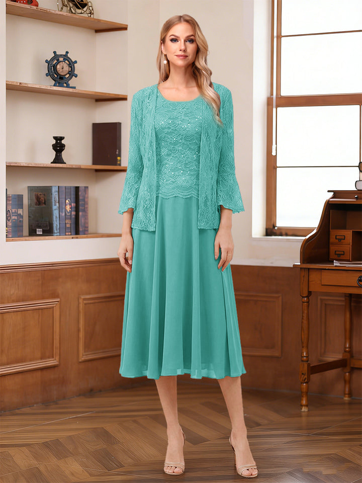 A-Line/Princess Scoop Sleeveless Tea-Length Mother of the Bride Dresses with Lace &amp; Jacket