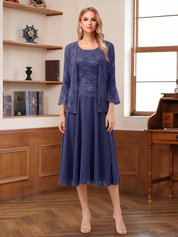 A-Line/Princess Scoop Sleeveless Tea-Length Mother of the Bride Dresses with Lace & Jacket