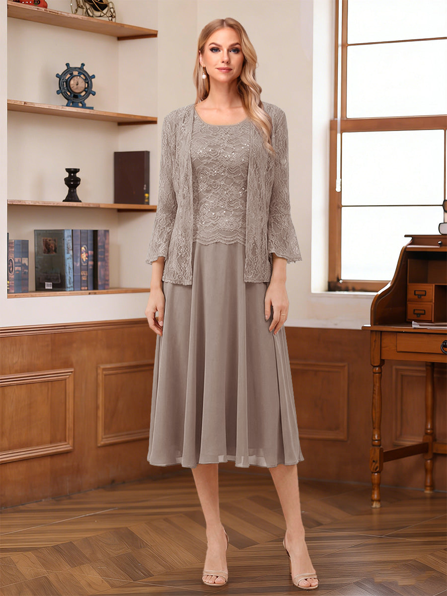 A-Line/Princess Scoop Sleeveless Tea-Length Mother of the Bride Dresses with Lace &amp; Jacket