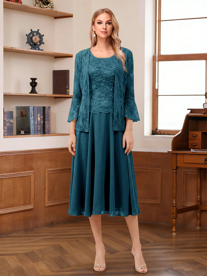 A-Line/Princess Scoop Sleeveless Tea-Length Mother of the Bride Dresses with Lace &amp; Jacket