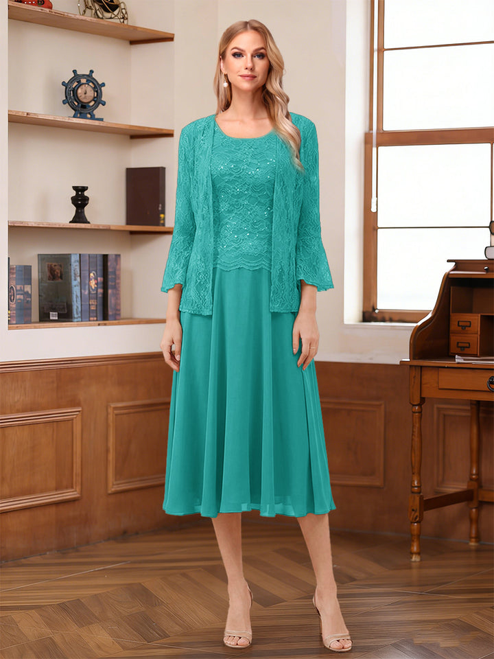 A-Line/Princess Scoop Sleeveless Tea-Length Mother of the Bride Dresses with Lace &amp; Jacket