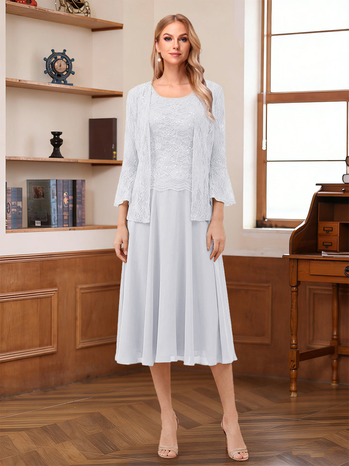 A-Line/Princess Scoop Sleeveless Tea-Length Mother of the Bride Dresses with Lace &amp; Jacket