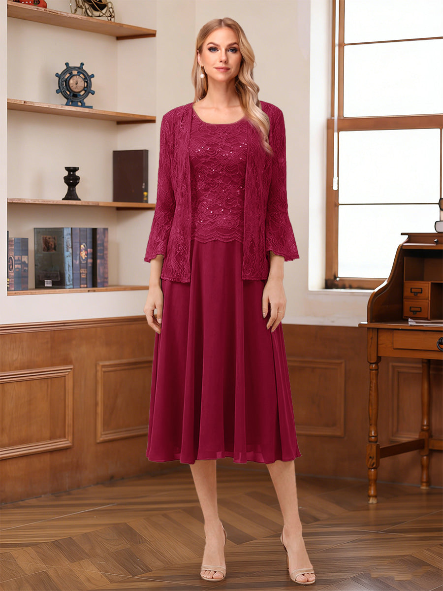 A-Line/Princess Scoop Sleeveless Tea-Length Mother of the Bride Dresses with Lace &amp; Jacket