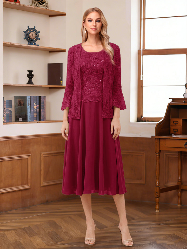 A-Line/Princess Scoop Sleeveless Tea-Length Mother of the Bride Dresses with Lace &amp; Jacket