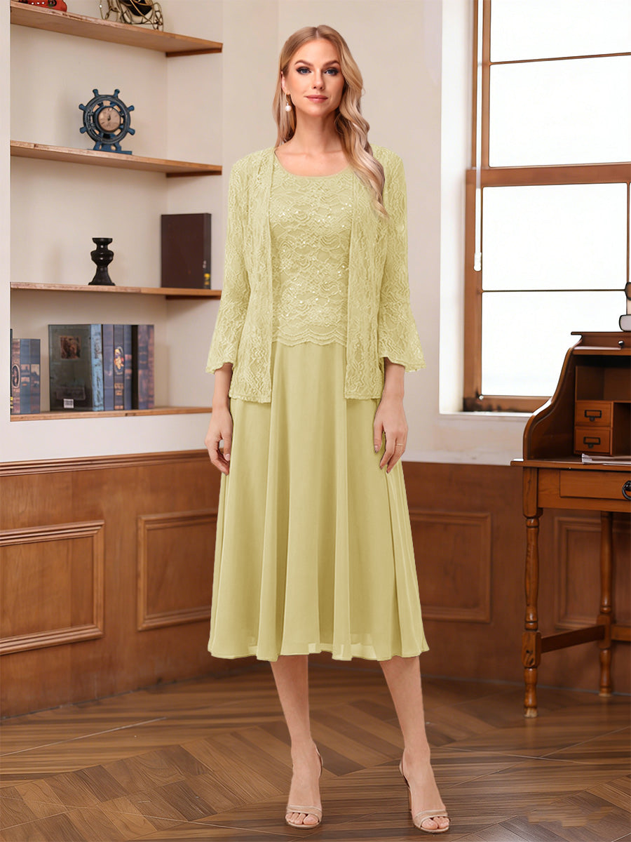 A-Line/Princess Scoop Sleeveless Tea-Length Mother of the Bride Dresses with Lace &amp; Jacket