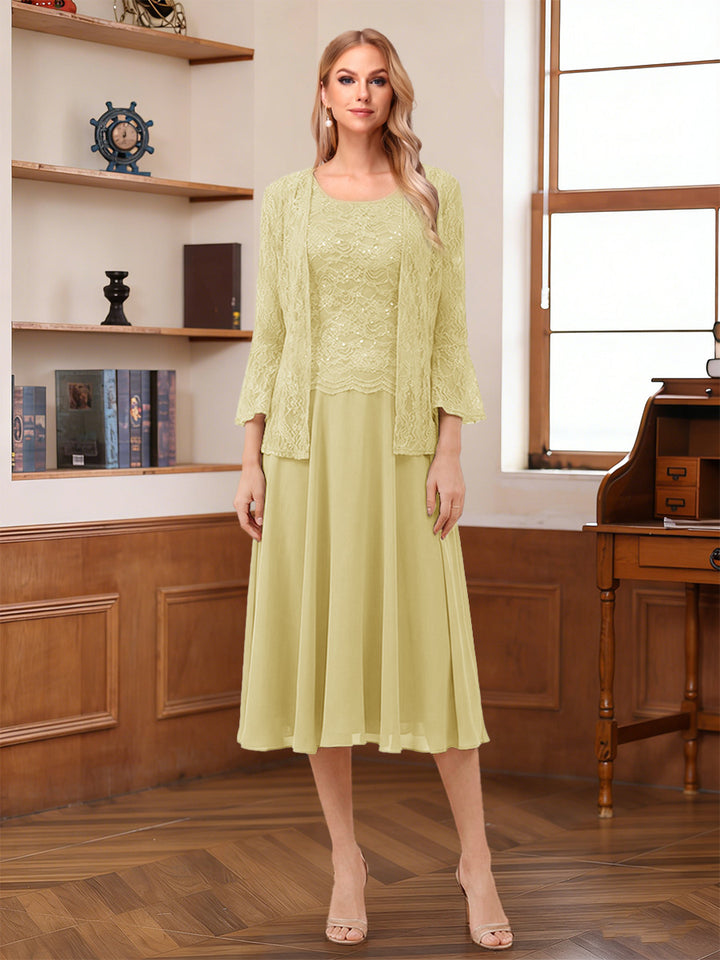 A-Line/Princess Scoop Sleeveless Tea-Length Mother of the Bride Dresses with Lace &amp; Jacket