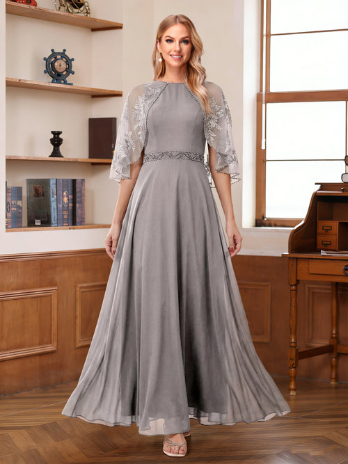A-Line/Princess Scoop Half Sleeves Ankle-Length Mother of the Bride Dress With Lace & Applique