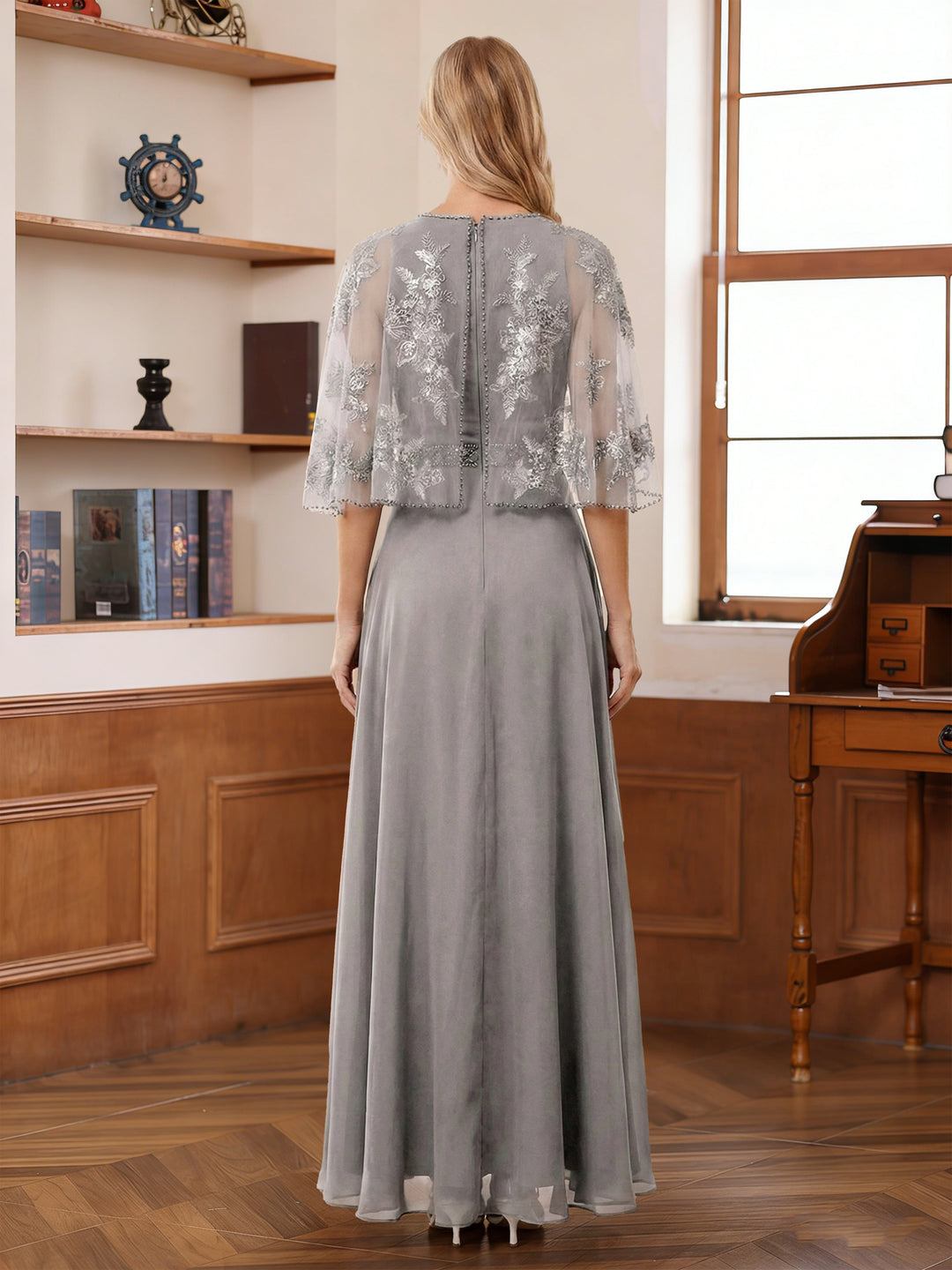 A-Line/Princess Scoop Half Sleeves Ankle-Length Mother of the Bride Dress With Lace &amp; Applique