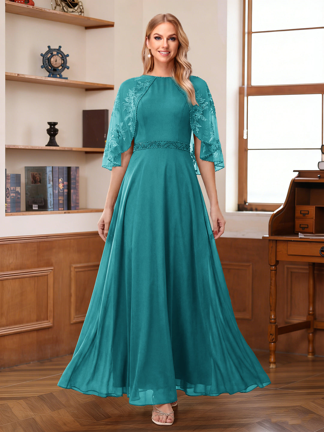 A-Line/Princess Scoop Half Sleeves Ankle-Length Mother of the Bride Dress With Lace &amp; Applique