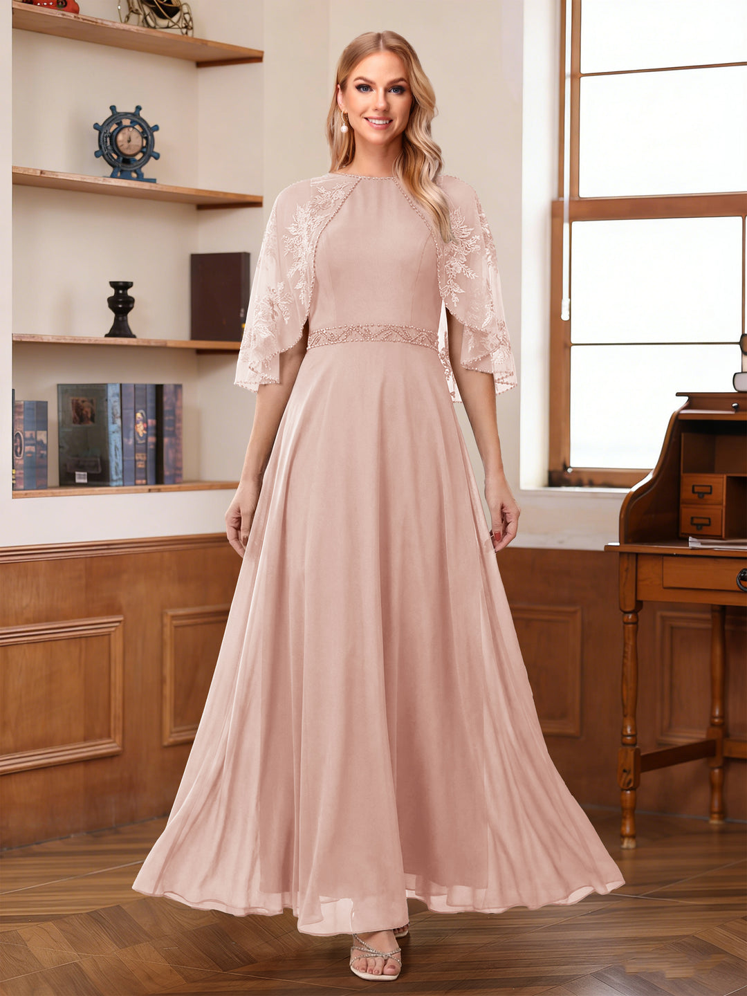 A-Line/Princess Scoop Half Sleeves Ankle-Length Mother of the Bride Dress With Lace &amp; Applique