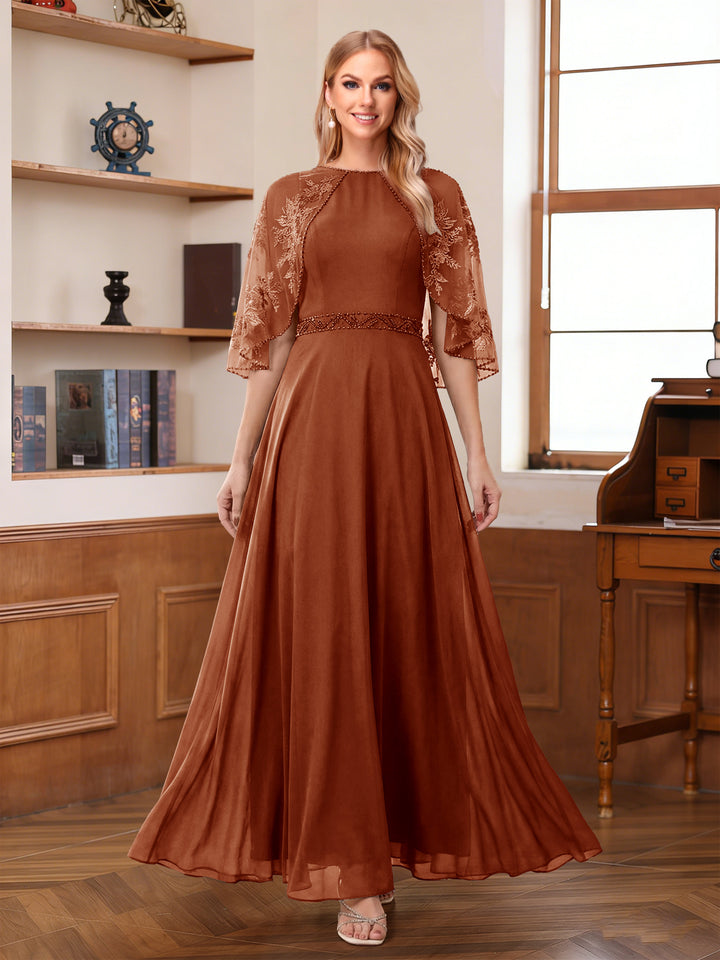 A-Line/Princess Scoop Half Sleeves Ankle-Length Mother of the Bride Dress With Lace &amp; Applique