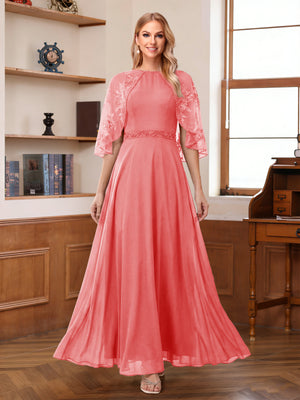 A-Line/Princess Scoop Half Sleeves Ankle-Length Mother of the Bride Dress With Lace & Applique