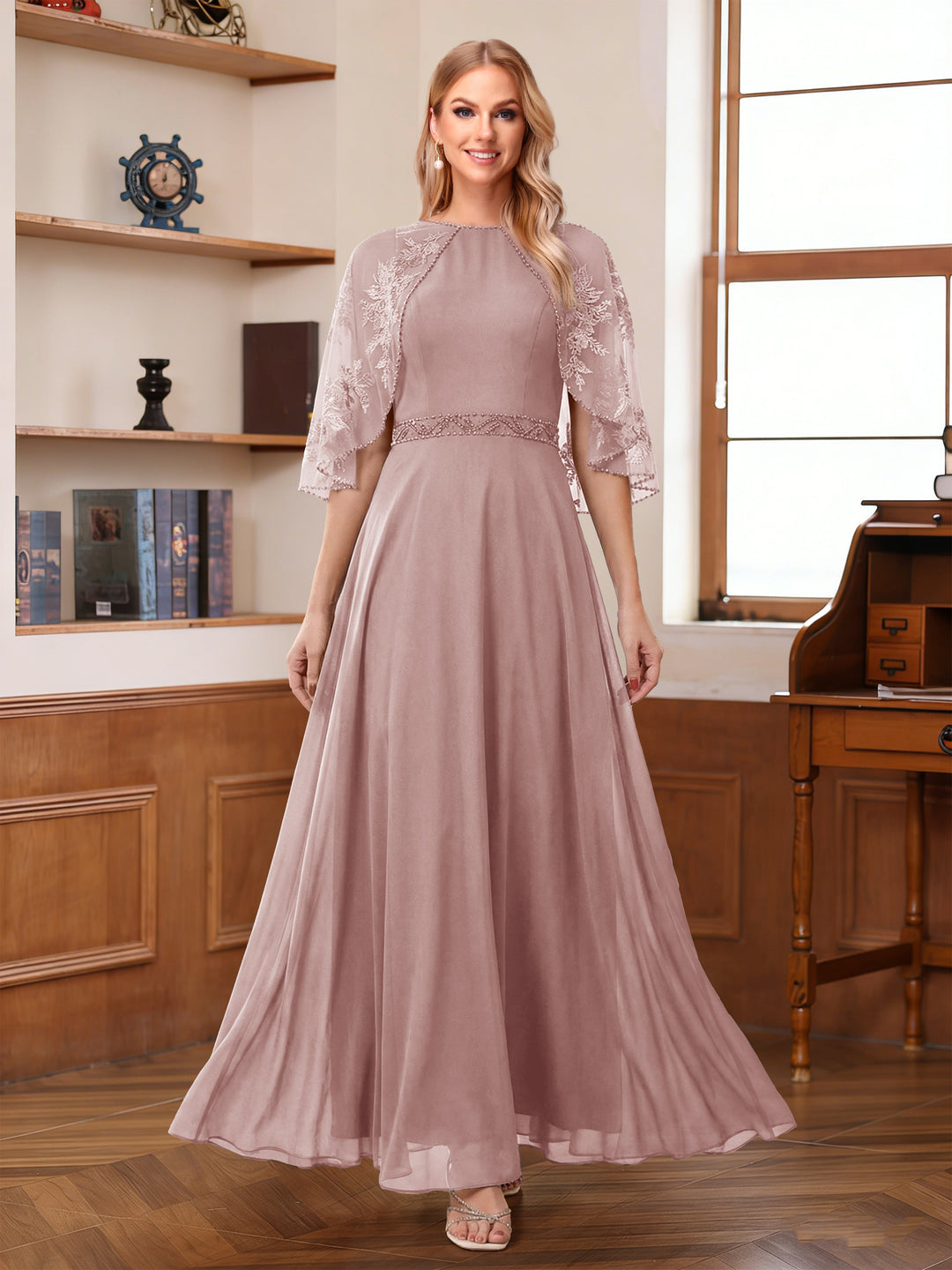 A-Line/Princess Scoop Half Sleeves Ankle-Length Mother of the Bride Dress With Lace &amp; Applique