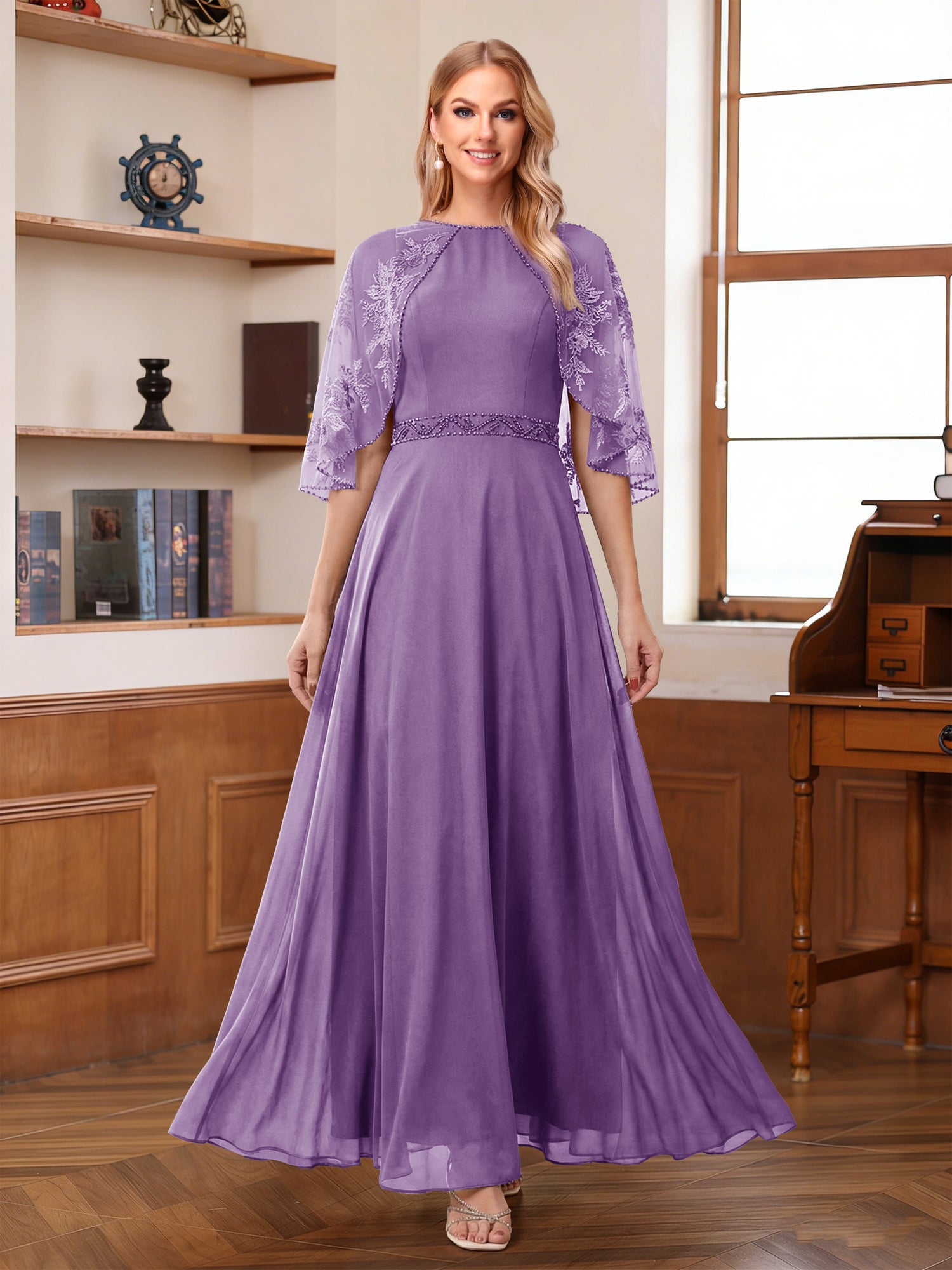 A-Line/Princess Scoop Half Sleeves Ankle-Length Mother of the Bride Dress With Lace & Applique
