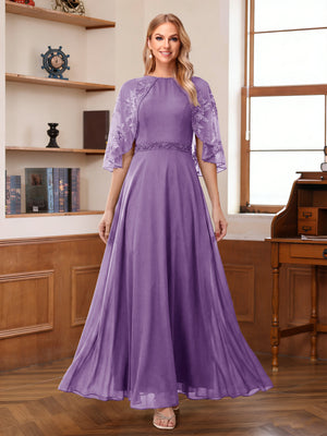 A-Line/Princess Scoop Half Sleeves Ankle-Length Mother of the Bride Dress With Lace & Applique