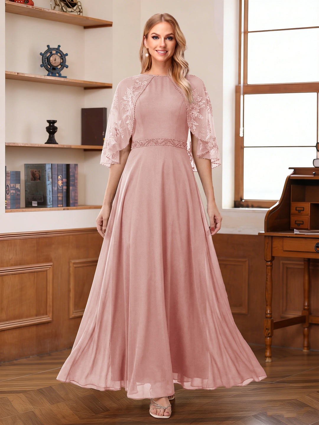 A-Line/Princess Scoop Half Sleeves Ankle-Length Mother of the Bride Dress With Lace &amp; Applique