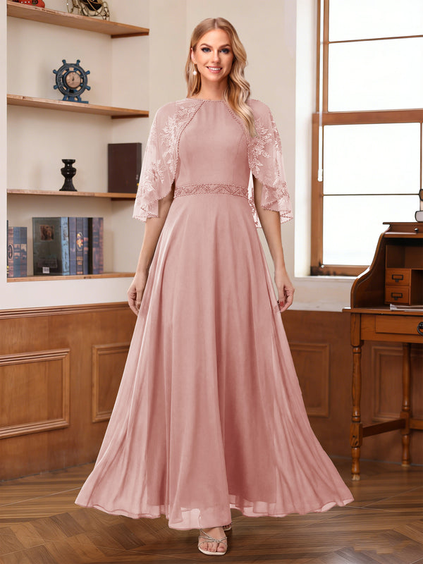 A-Line/Princess Scoop Half Sleeves Ankle-Length Mother of the Bride Dress With Lace & Applique